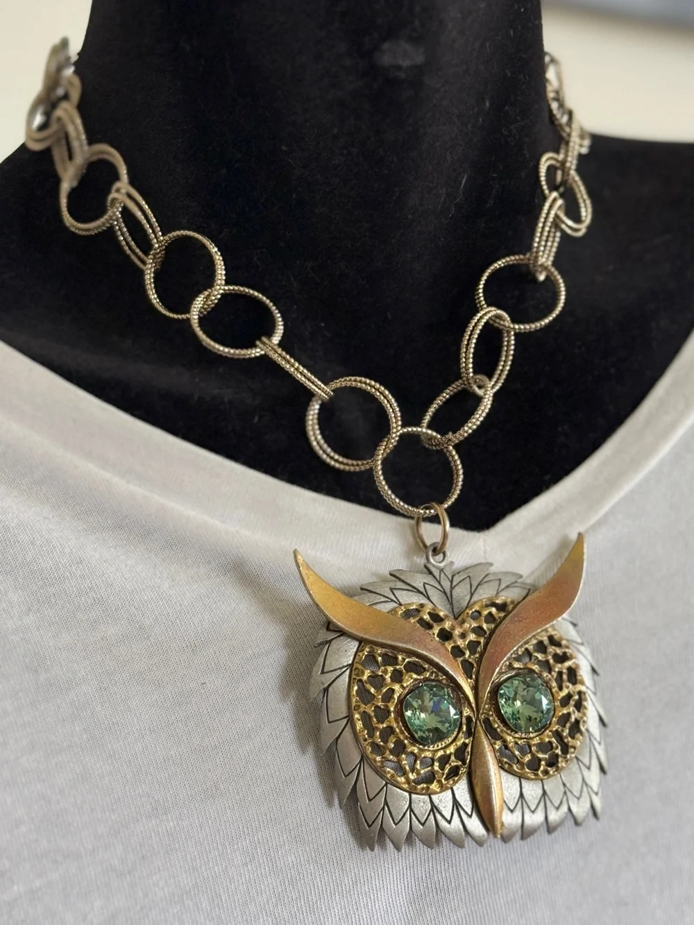Upcycled Owl Choker Necklace with Green Rhinestone Eyes on Gold Tone Chain OOAK - Picture 3 of 10